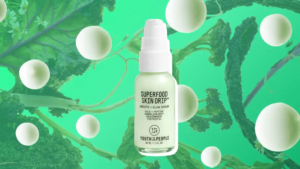 Collage of the Youth to the People Skin Drip serum amongst green plants.