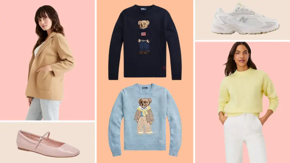 A model wearing a camel blazer, a pink ballet flat, a model wearing a yellow sweater, a white dad sneaker, and two sweaters with the Polo Bear.