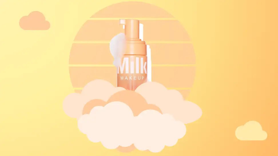 Milk Makeup Glow Priming Foam in front of a sun and surrounded by clouds.
