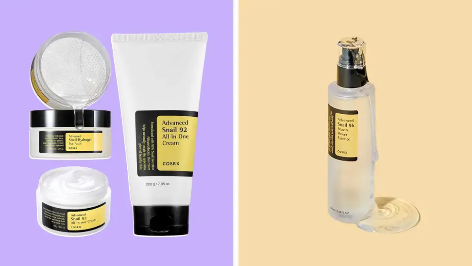 Photo collage of two bottles of the Cosrx Snail Mucin 96% Power Repairing Essence.