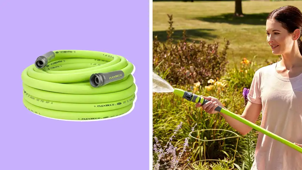Neon yellow garden hose on a blue background.