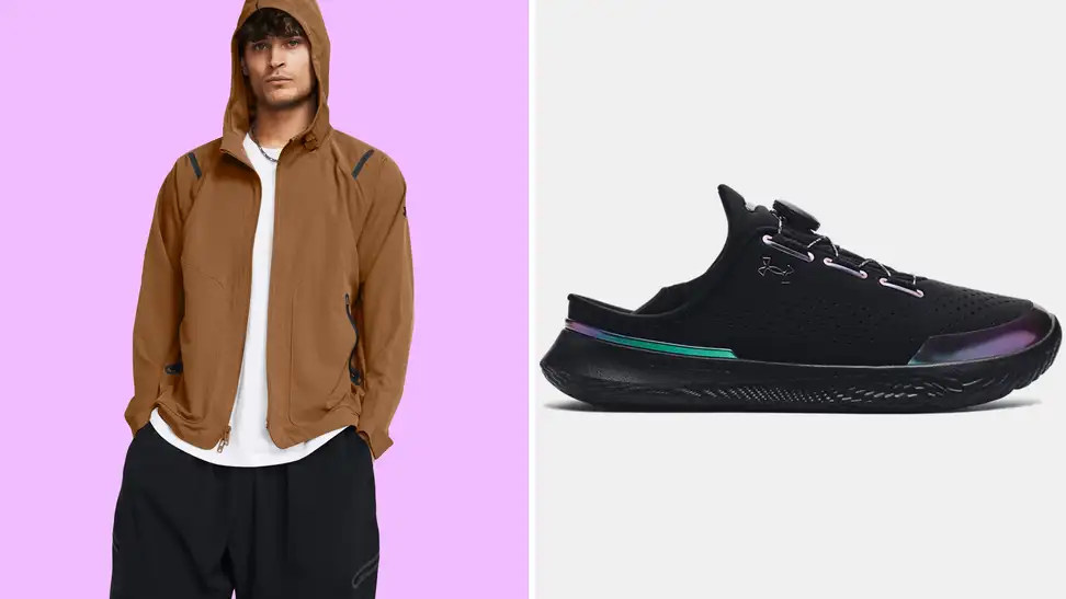 A collage with a man modeling an Under Armour jacket and an Under Armour training shoe.