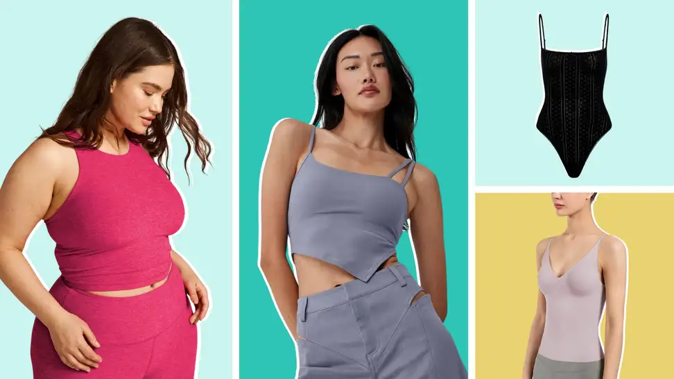 Models wearing different bra tops from Beyond Yoga, Alo, Cou Cou Intimates and Artdear.
