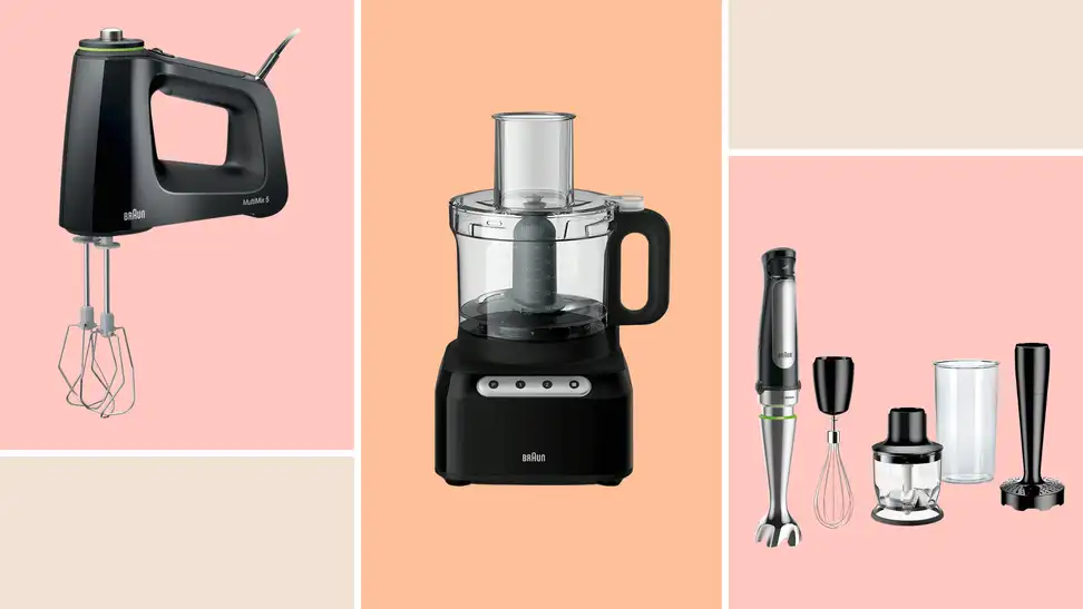 Braun hand blender, food processor, and immersion blender on pink and orange background