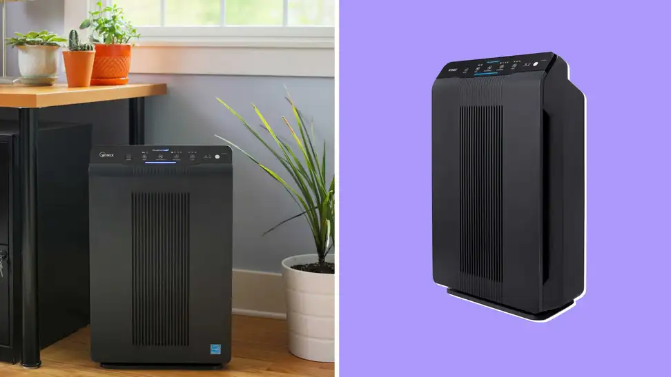 Collage of the Winix 5500-2 Air Purifier in room next to desk and potted plant and a product shot.