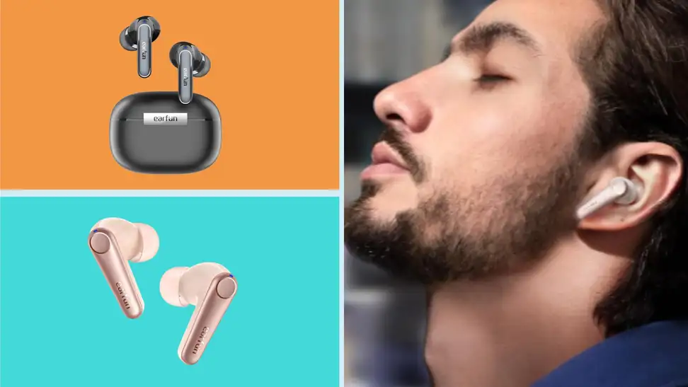 Two sets of EarFun earbuds in front of colored backgrounds next to someone wearing an EarFun earbud.
