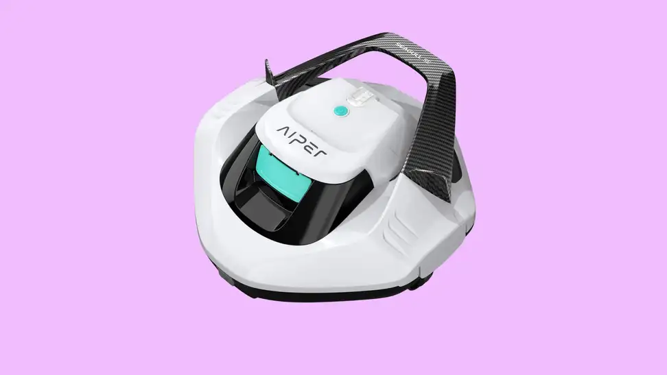 An Aiper Seagull Pool Cleaner on a pink background.