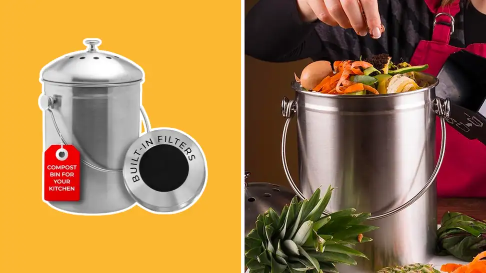 An Epica compost bin next to someone cutting up food in a kitchen.