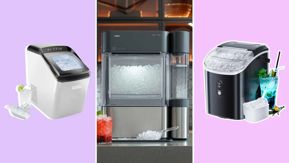 Photo collage of the Frigidaire EFIC452-SSBLACK XL Maker, the GE Profile Opal 2.0 and the Antarctic Star Nugget Countertop Ice Maker.