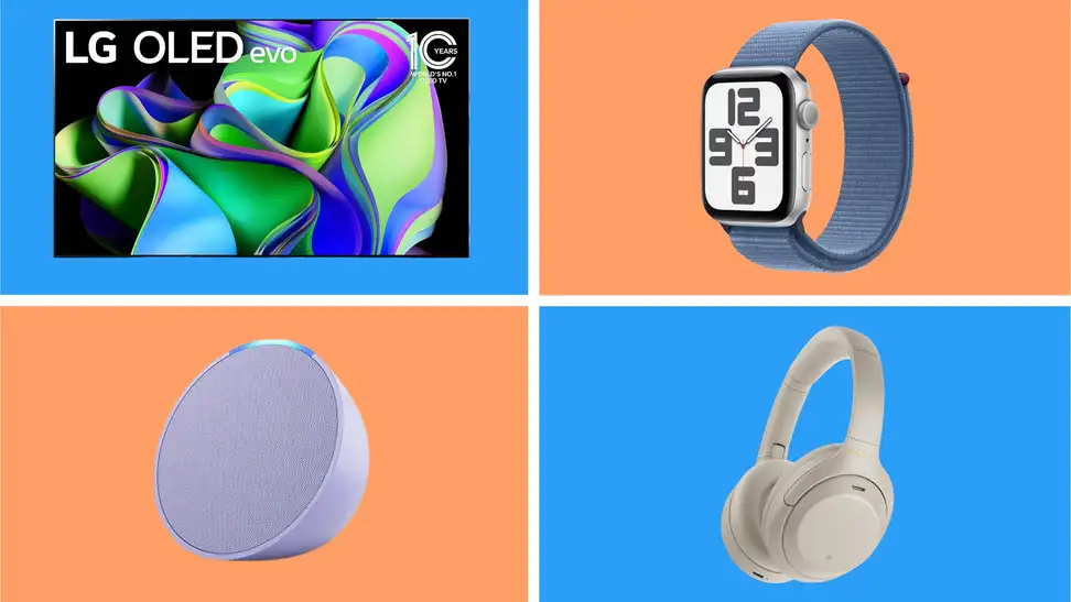 Four tech items on sale at Amazon in front of colored backgrounds.