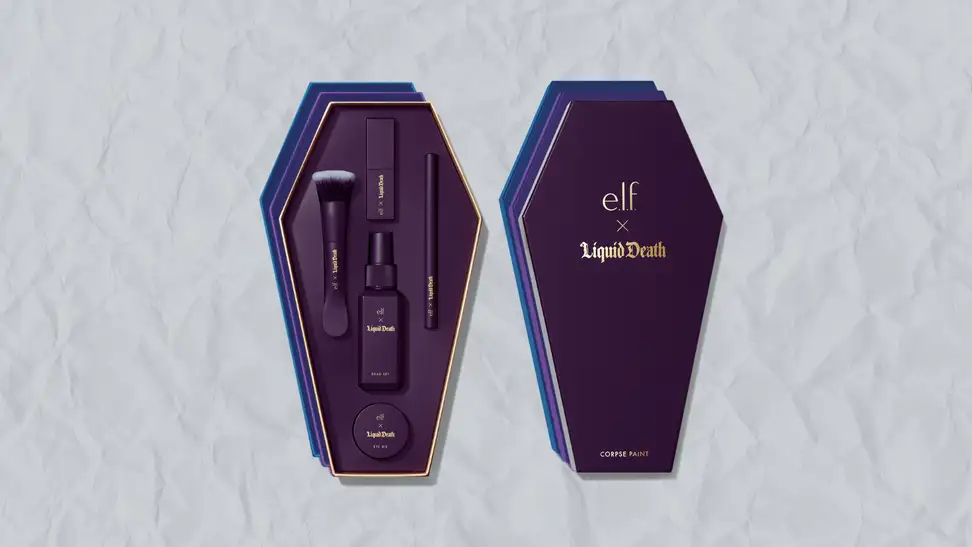 Collage of the E.L.F. Cosmetics x Liquid Death makeup collection against a grey background.