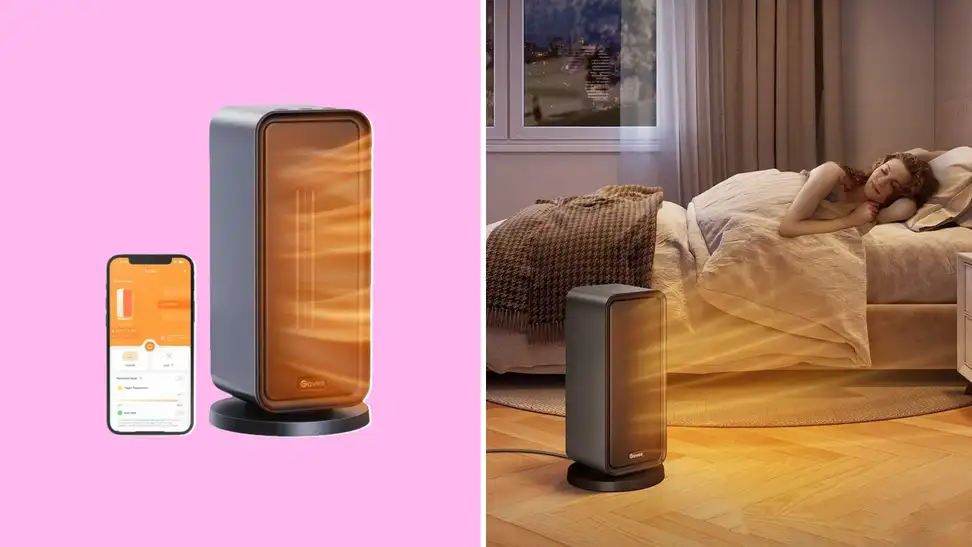 A space heater next to a smart phone on an orange background.