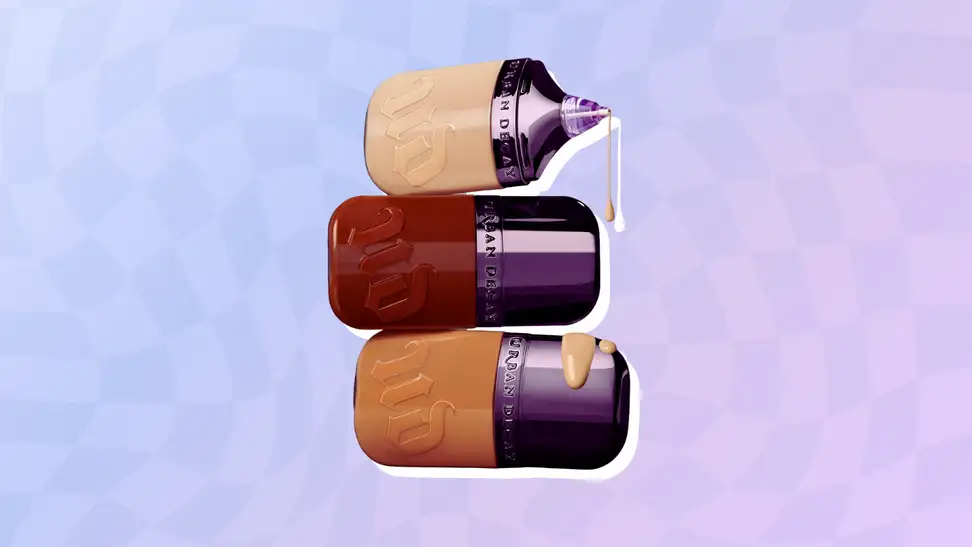 Collage of three bottles of the Urban Decay Face Bond Foundation stacked on top of each other.