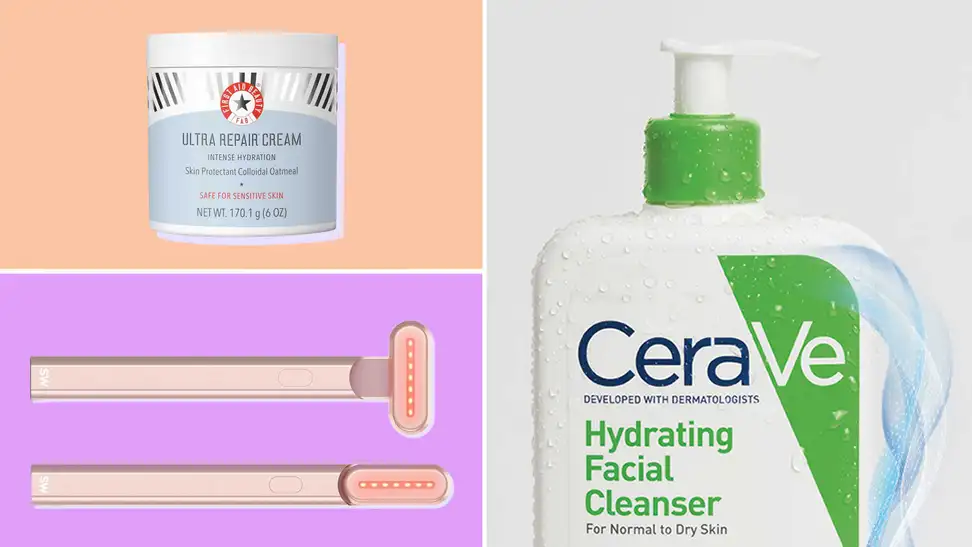 Naturium Retinol Complex Face Cream, DHC Deep Cleansing Oil, and Nécessaire The Body Exfoliator on colored backgrounds.