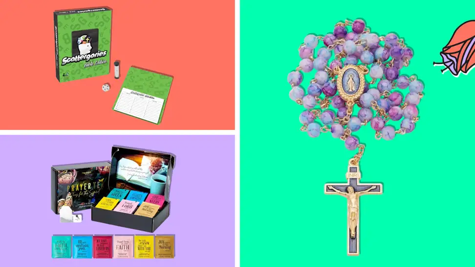 A selection of the best religious gifts for her including Scattergories, tea samplers, and rosaries.