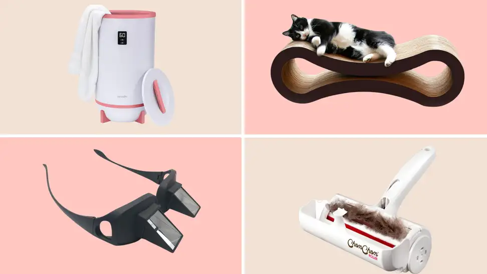 SereneLife towel warmer, PetSource cat scratcher, vinmax mirrored glasses, ChomChom hair brush