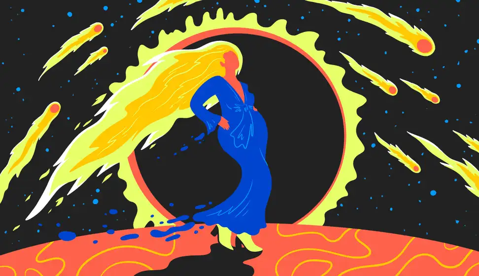 Illustration of a woman wearing a royal blue dress. The figure has fiery hair and is standing in front of an eclipsed sun with comets in the sky.