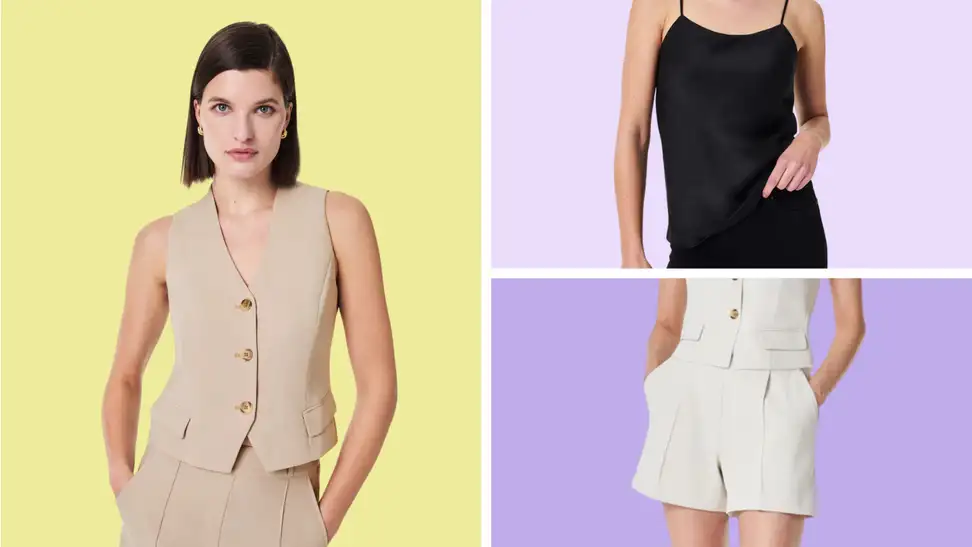 An image of a model in a tan vest next to a model in a black tank top, above a model in a pair of cream, pleated shorts.