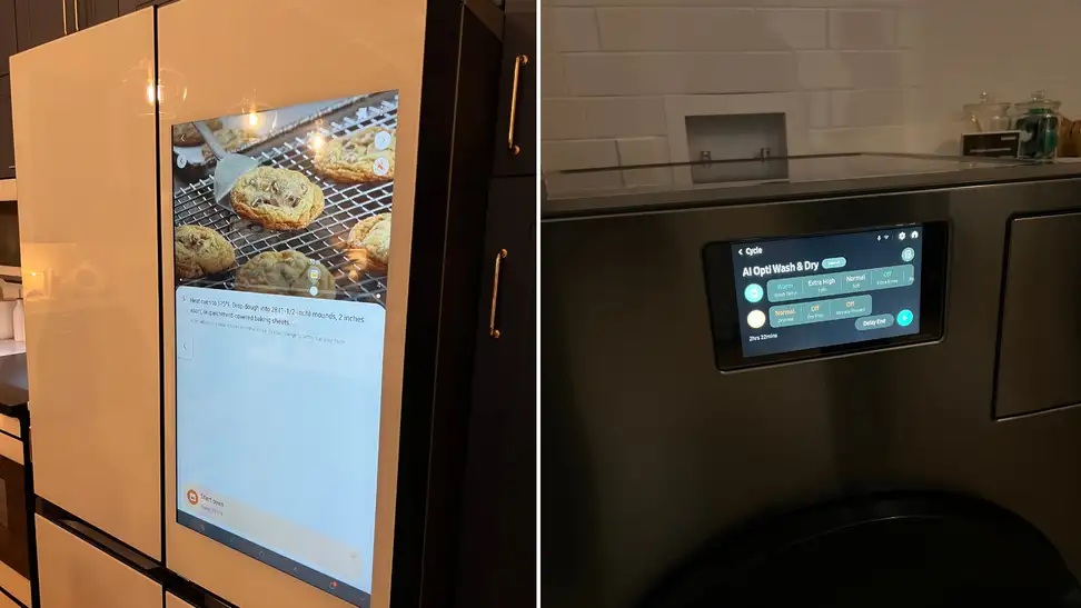 Left: Samsung refrigerator showing Family Hub recipe content. Right: Washer/dryer combo with LCD screen showing options.