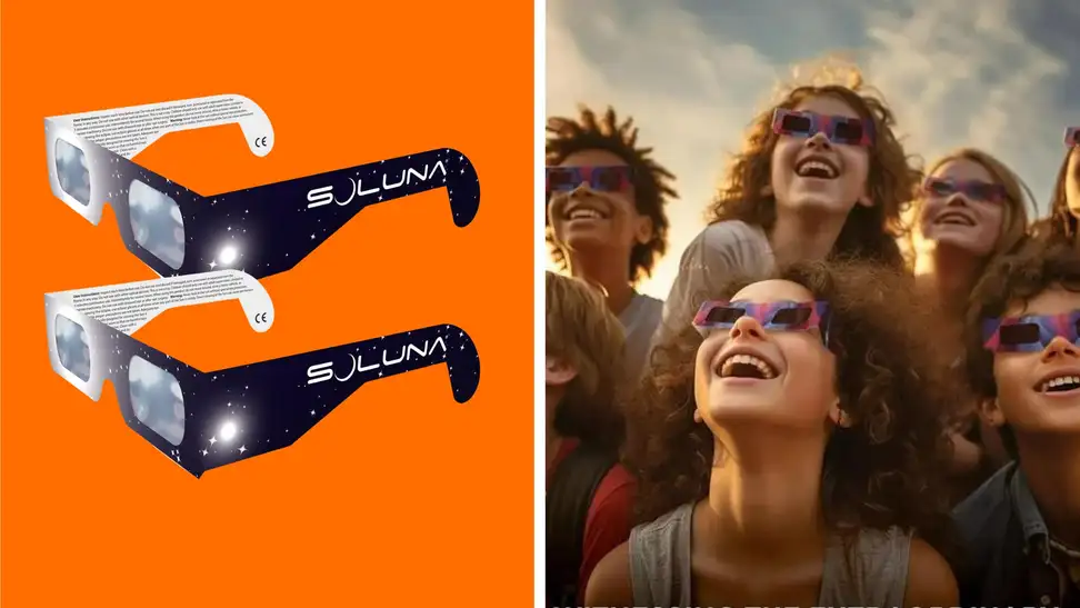 A pair of Soluna AAS-Approved Solar Eclipse Glasses next to a graphic of people wearing solar eclipse glasses.