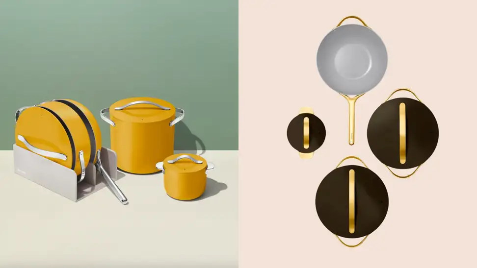 Yellow, black, and grey colored Caraway cookware sets side-by-side.