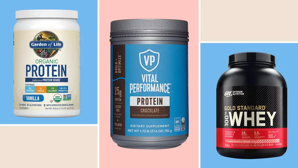 Three cases of protein powder on a blue and pink background.
