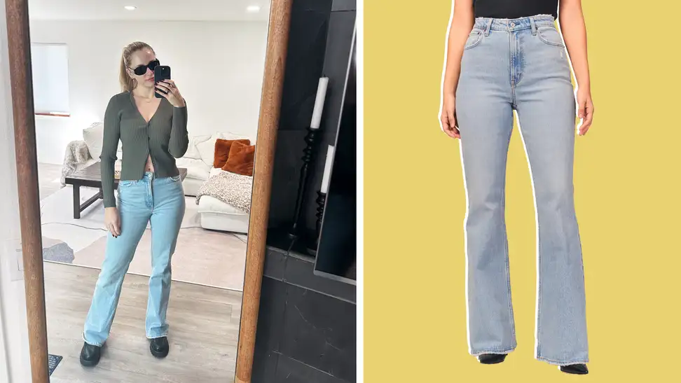 Image of a woman wearing blue flare jeans with a cardigan, and a close-up of a model wearing the same jeans.