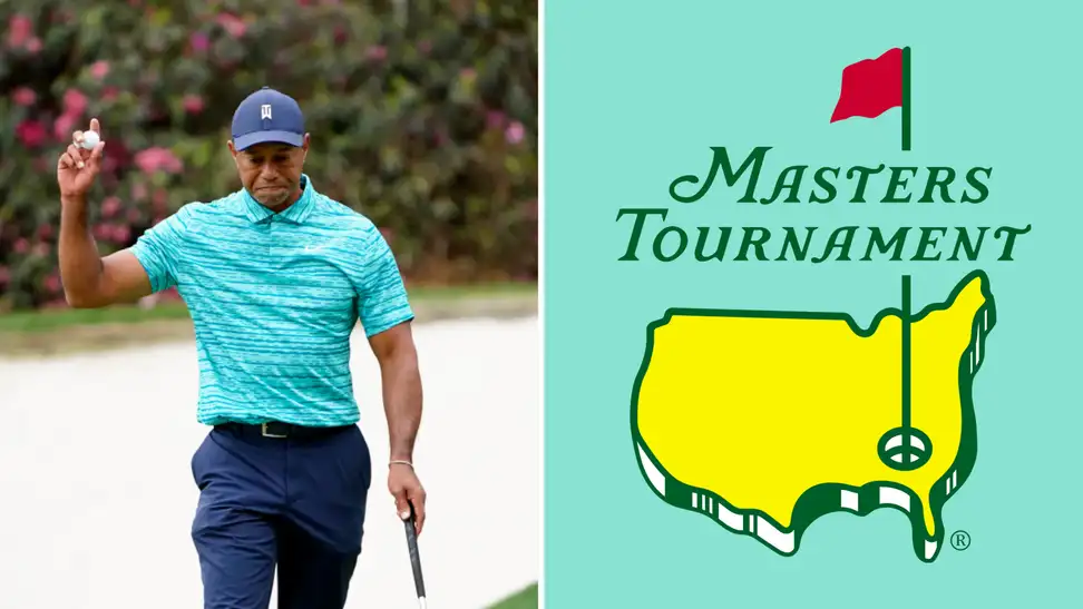 Tiger Woods holding up his golf ball next to the official logo of The Masters.