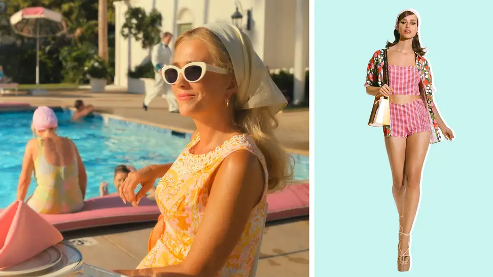 A still from the Apple TV+ series ‘Palm Royale’ featuring Kristen Wiig in costume, also a model wearing a ‘60s-inspired bikini.