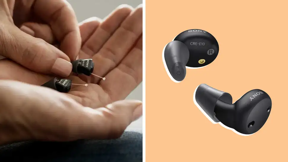 A collage of Sony hearing aids on a colorful background.