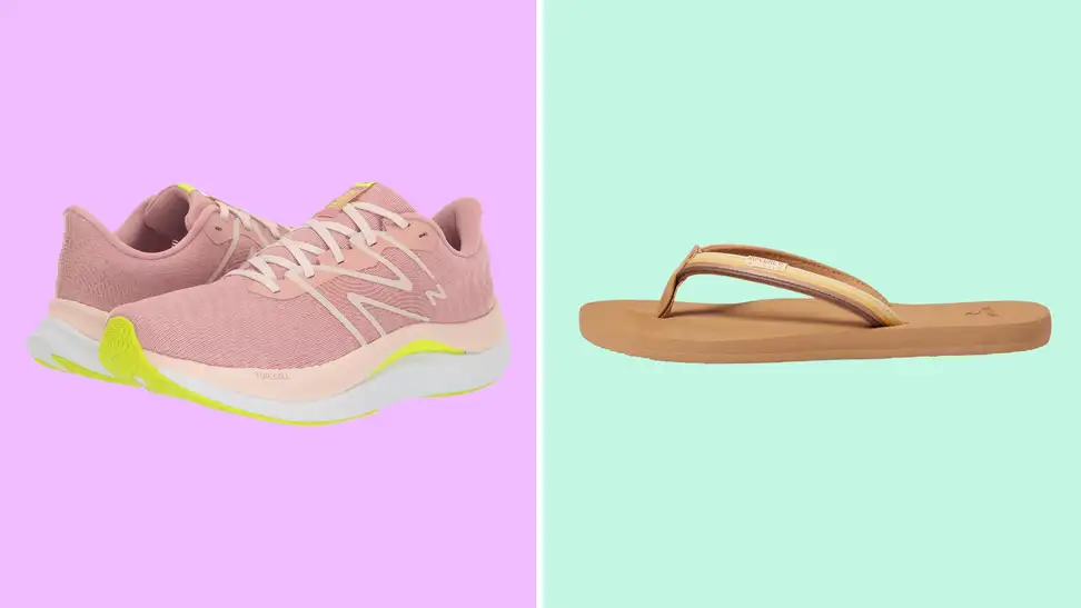 A colorful collage with New Balance shoes and Rip Curl sandals.