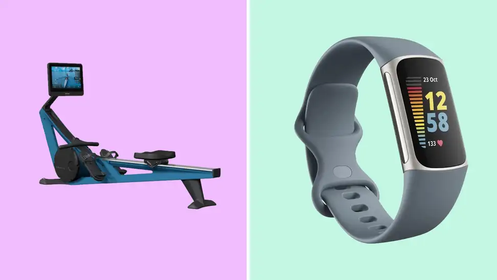 A colorful collage with a rowing machine and a fitness smartwatch.