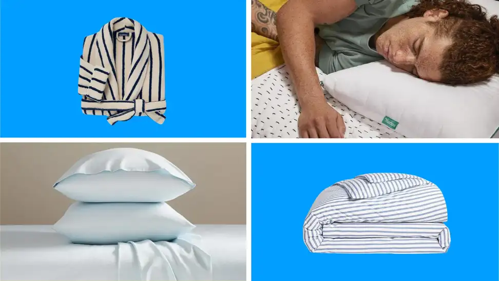 A collage of Brooklinen bedding in front of various backgrounds.