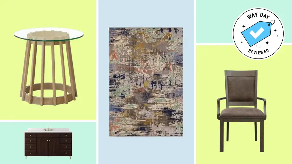 A collection of Scott Living furniture next to the Way Day Reviewed badge in front of colored backgrounds.