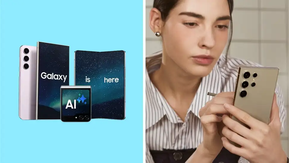 A collection of Samsung Galaxy devices next to someone holding a Samsung Galaxy S24 Ultra smartphone