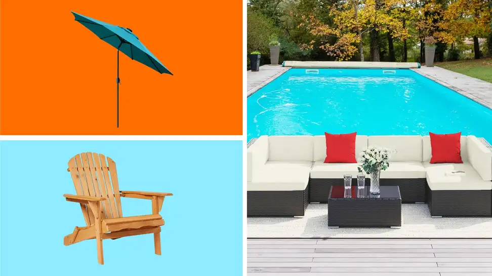 A collage of patio items on sale at Amazon in front of different backgrounds.