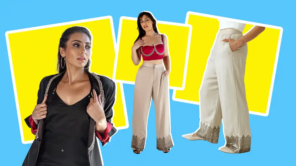 Models wearing South Asian-inspired clothing: An embroidered bralette, embellished trousers, and an encrusted jacket.