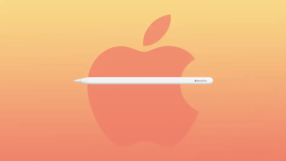 A white Apple Pro Pencil stylus in front of an orange Apple logo on a gradient background.