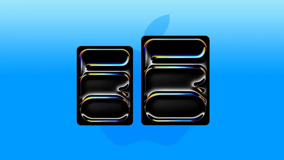An 11-inch and 13-inch Apple iPad Pro in front of an Apple logo and a blue gradient background.
