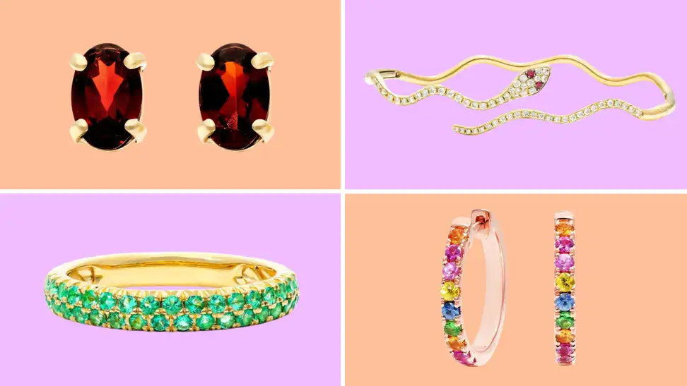 An image of oval garnet post earrings, an emerald and gold ring, a gold and ruby snake bracelet, and multicolored gemstone earrings.