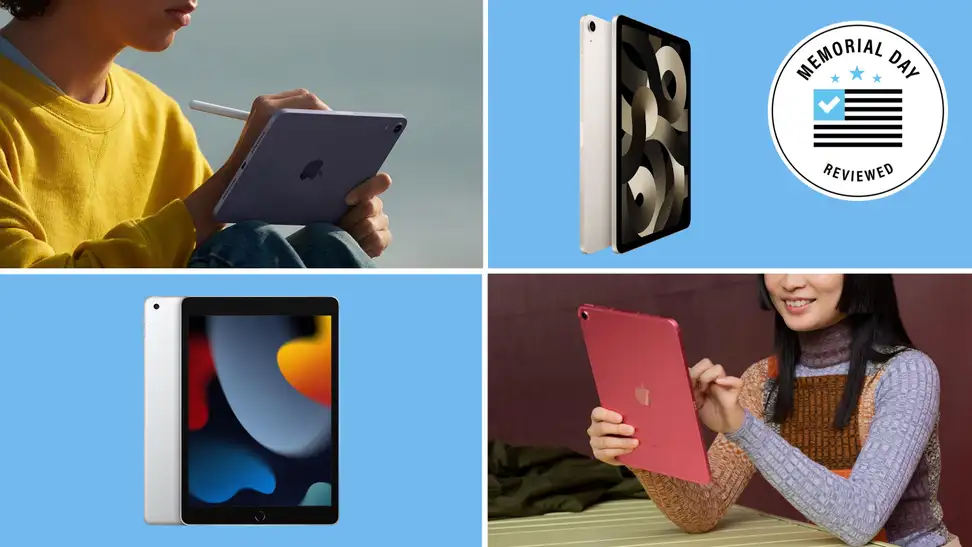 A collage of various iPads with the Memorial Day Reviewed badge in front of different backgrounds.