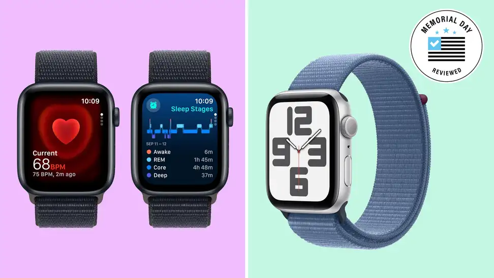 A colorful collage with Apple Watches and a Memorial Day badge in the upper right corner.