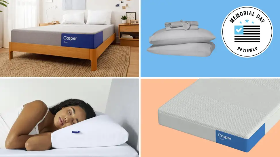 A collection of Casper products with the Memorial Day Reviewed badge in front of colored backgrounds.