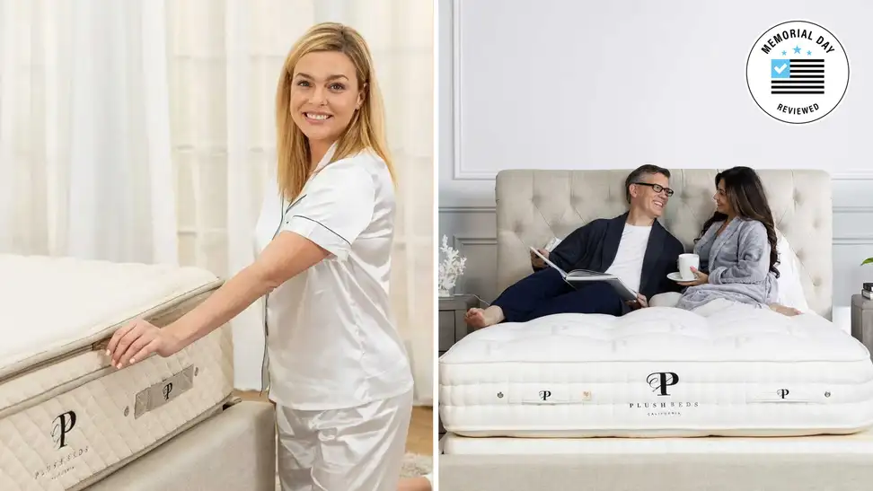 person next to a PlushBeds mattress, couple laying on a PlushBeds mattress