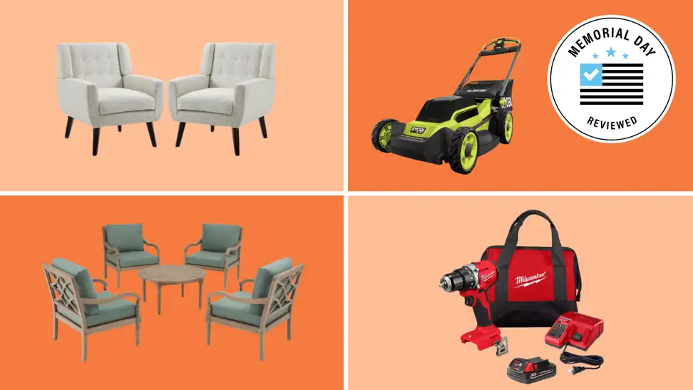 Four home products with the Memorial Day Reviewed badge in front of colored backgrounds.