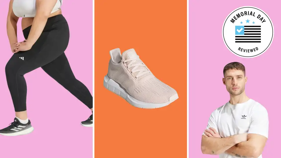 Various adidas clothing with the Memorial Day Reviewed badge in front of colored backgrounds.