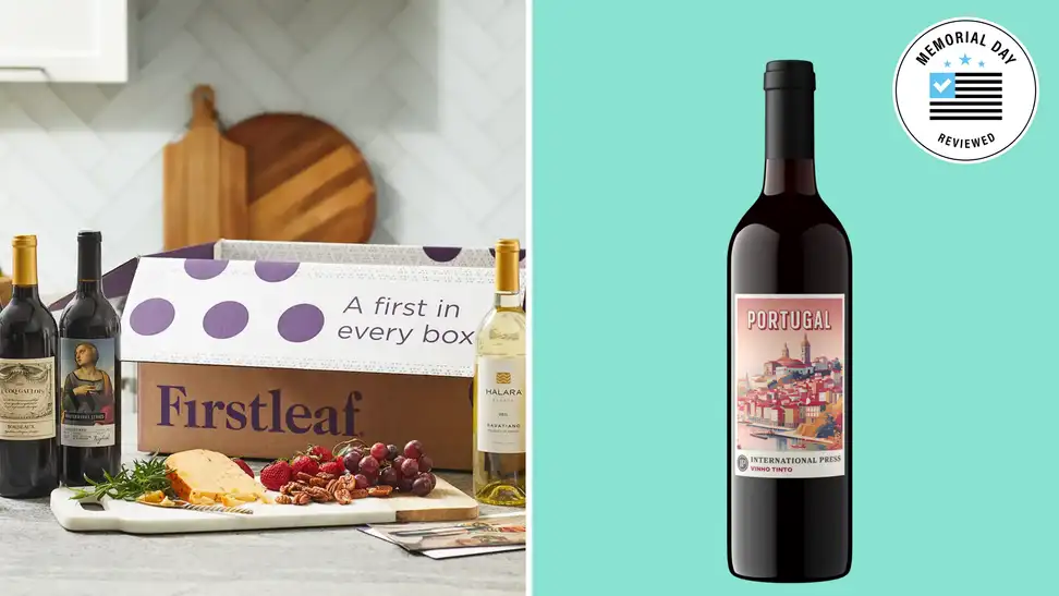 A collage with a bottle of wine and a Firstleaf delivery box in a kitchen.