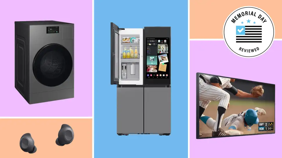 Samsung gadgets with the Memorial Day Reviewed badge in front of colored backgrounds.