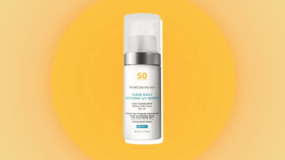SkinCeuticals sunscreen against an orange and yellow background