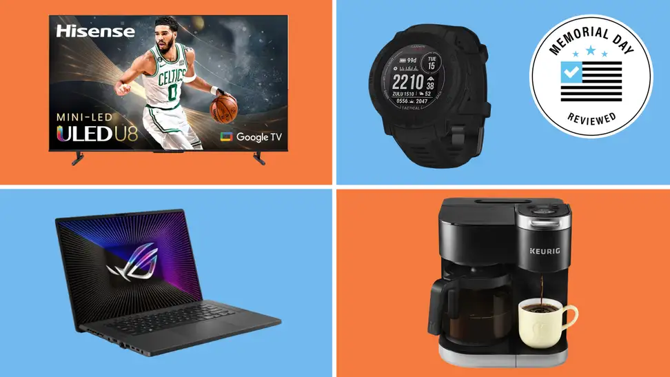 A collage of tech with the Memorial Day Reviewed badge in front of colored backgrounds.